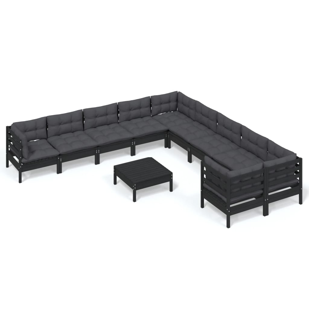 Set mobilier grădină cu perne, 11 piese, negru, lemn de pin - Lando