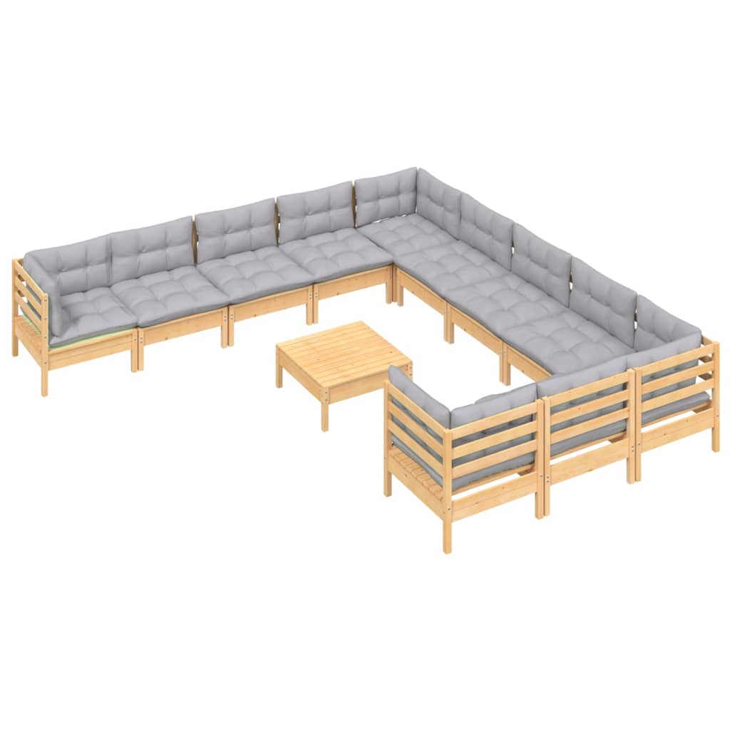Set mobilier de grădină cu perne, 12 piese, gri, lemn masiv pin - Lando