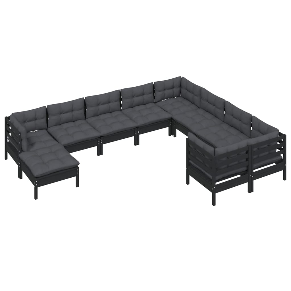 Set mobilier grădină cu perne, 10 piese, negru, lemn de pin - Lando