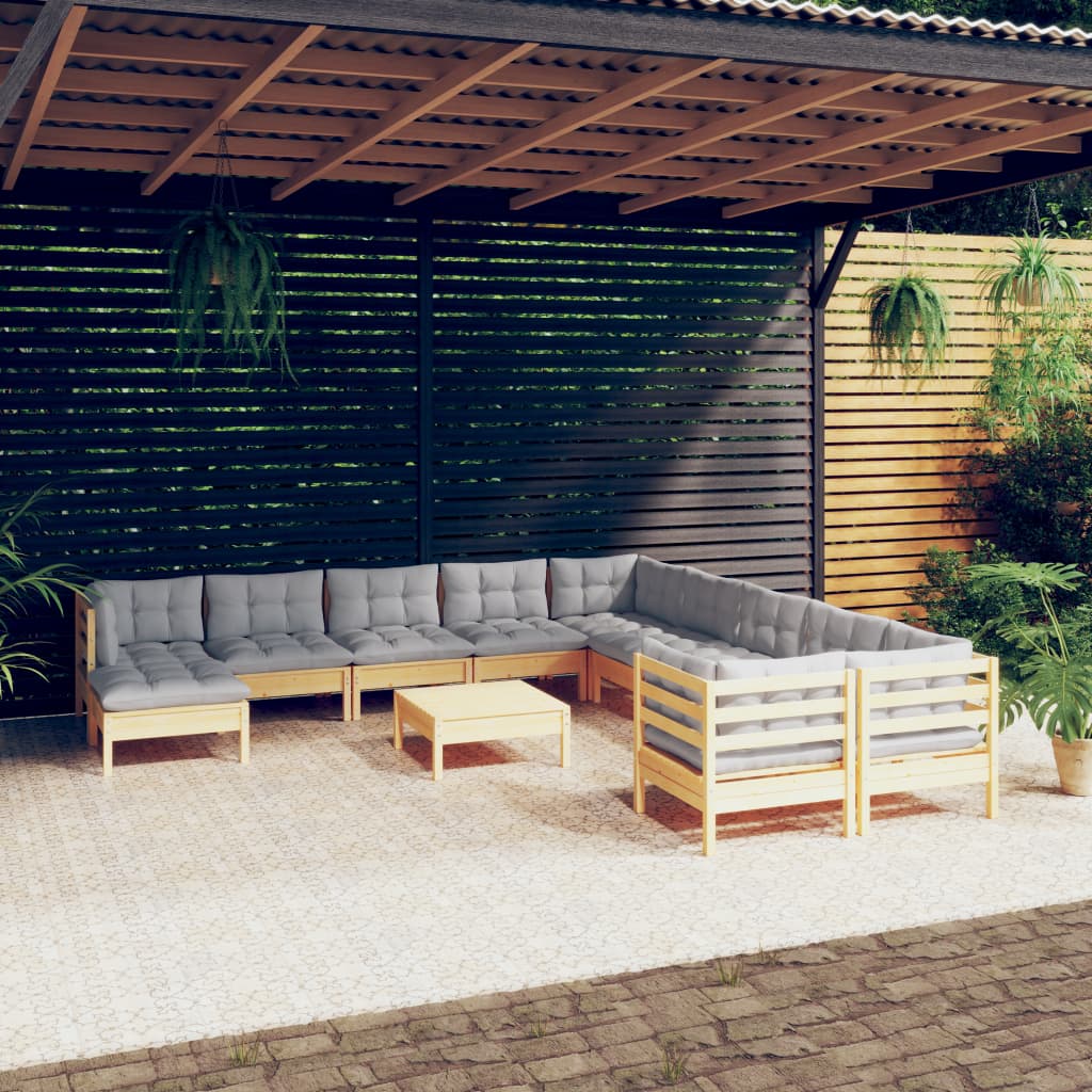 Set mobilier grădină cu perne, 12 piese, gri, lemn masiv pin - Lando