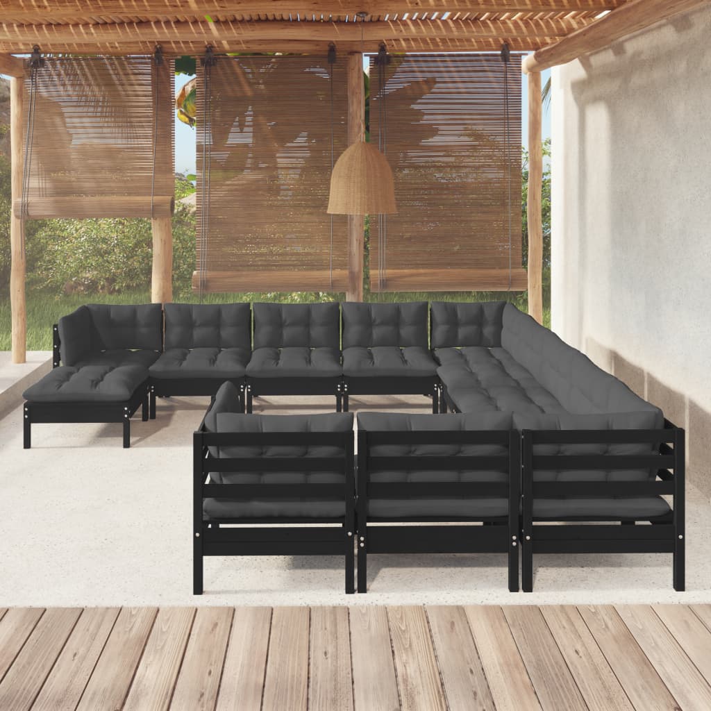 Set mobilier grădină cu perne, 12 piese, negru, lemn de pin - Lando
