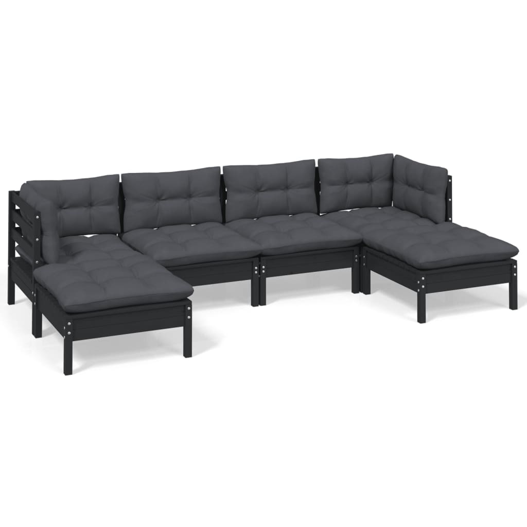 Set mobilier de grădină cu perne, 6 piese, negru, lemn de pin - Lando