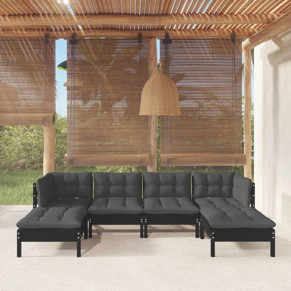 Set mobilier de grădină cu perne, 6 piese, negru, lemn de pin - Lando