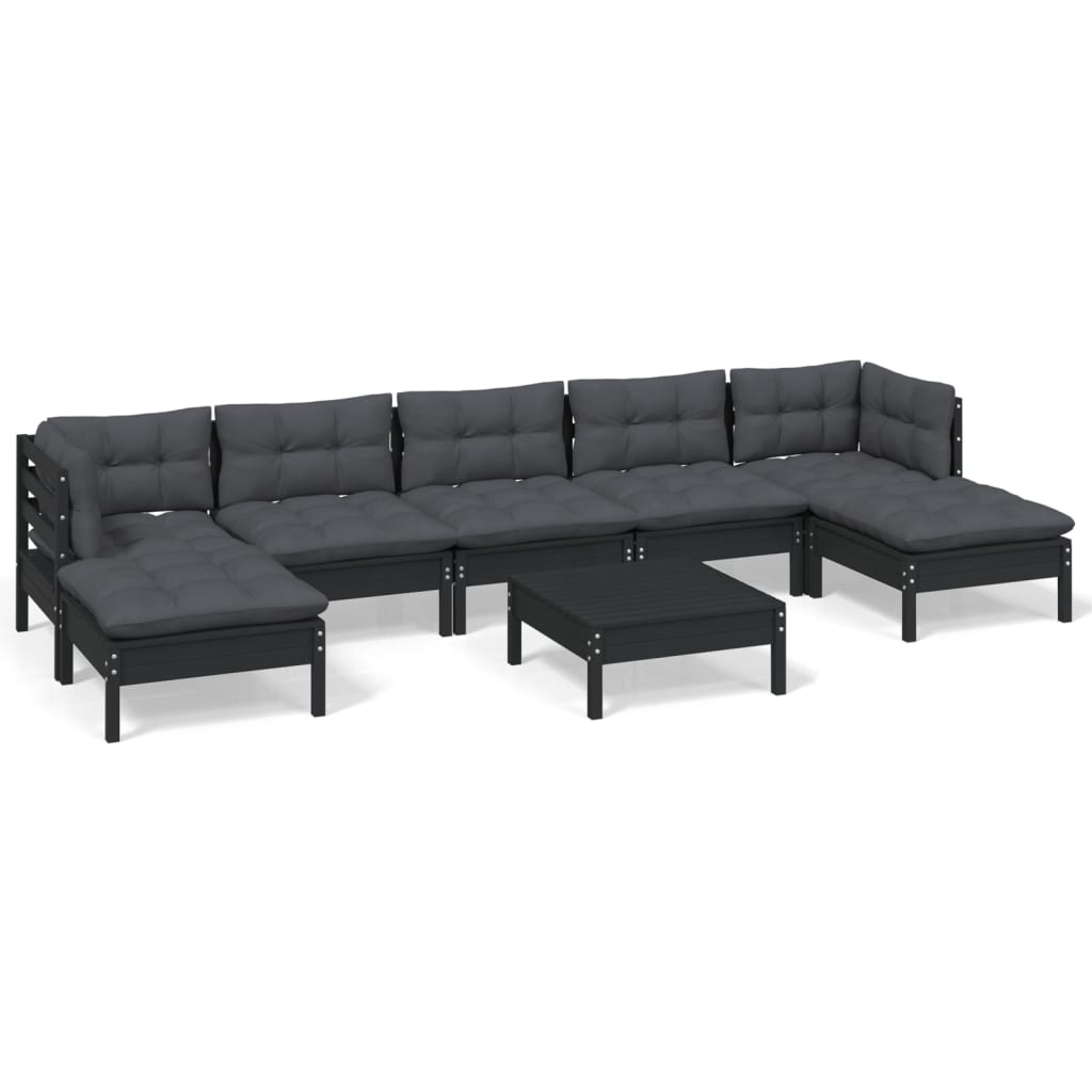 Set mobilier grădină cu perne, 8 piese, negru, lemn de pin - Lando