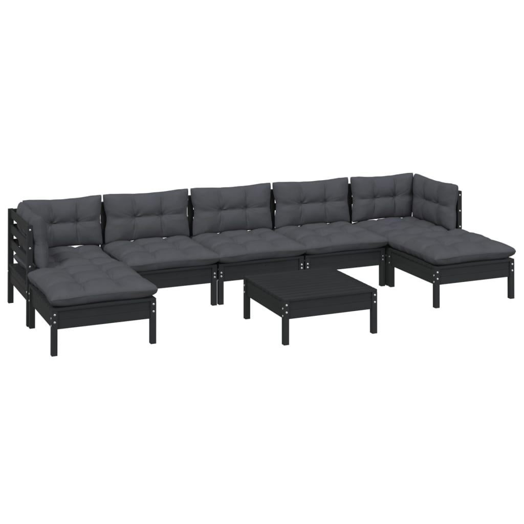 Set mobilier grădină cu perne, 8 piese, negru, lemn de pin - Lando