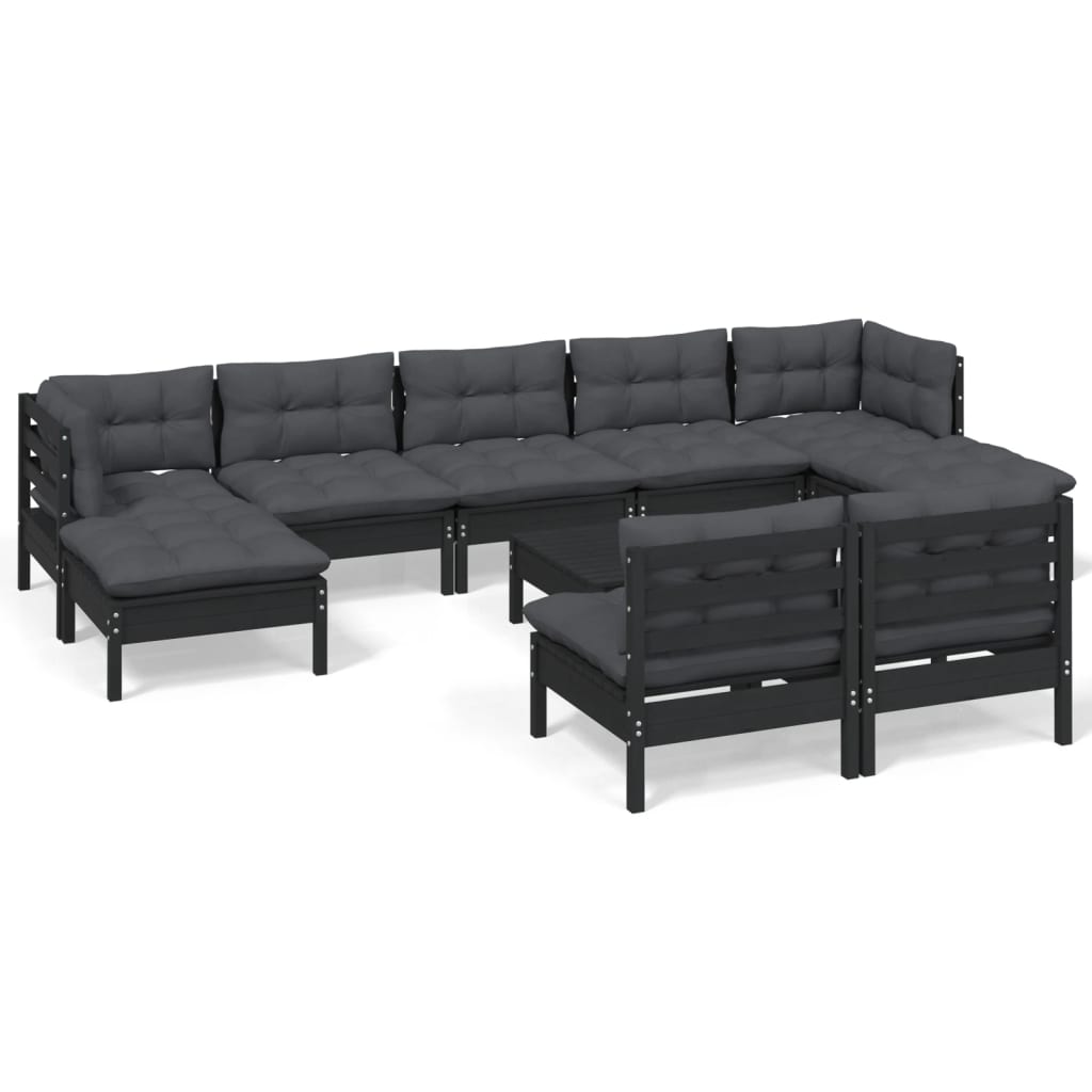 Set mobilier grădină cu perne, 10 piese, negru, lemn de pin - Lando