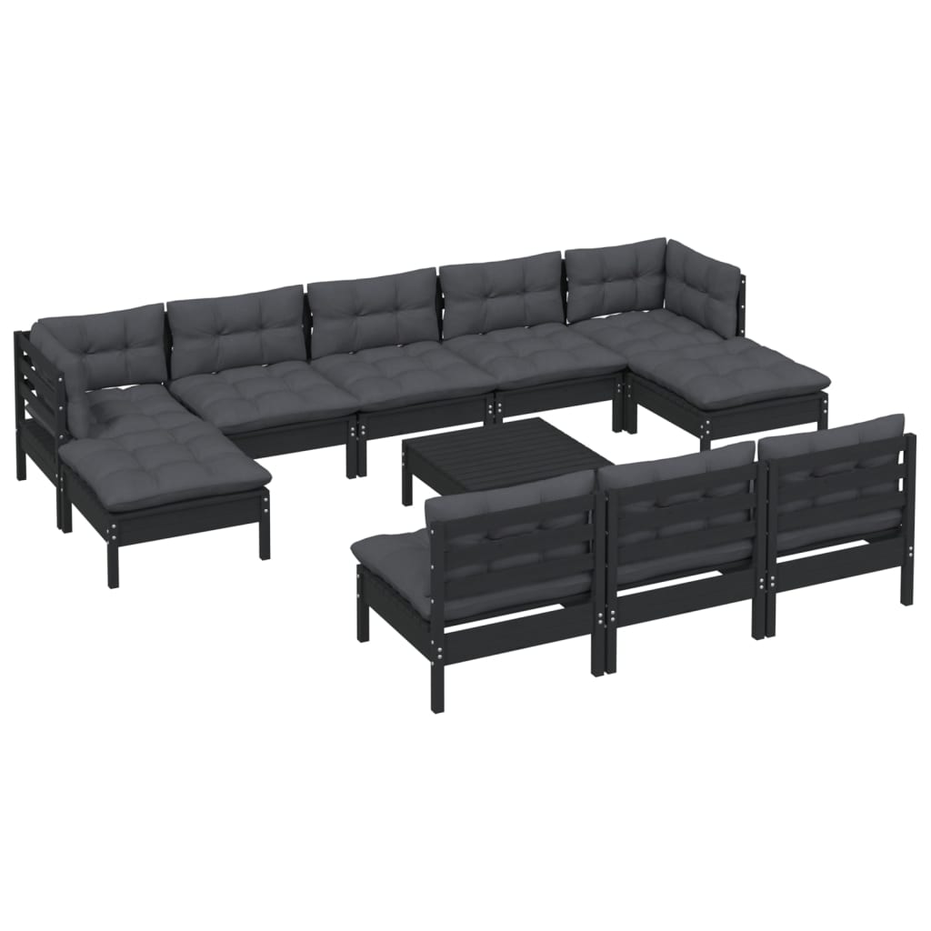 Set mobilier grădină cu perne, 11 piese, negru, lemn de pin - Lando