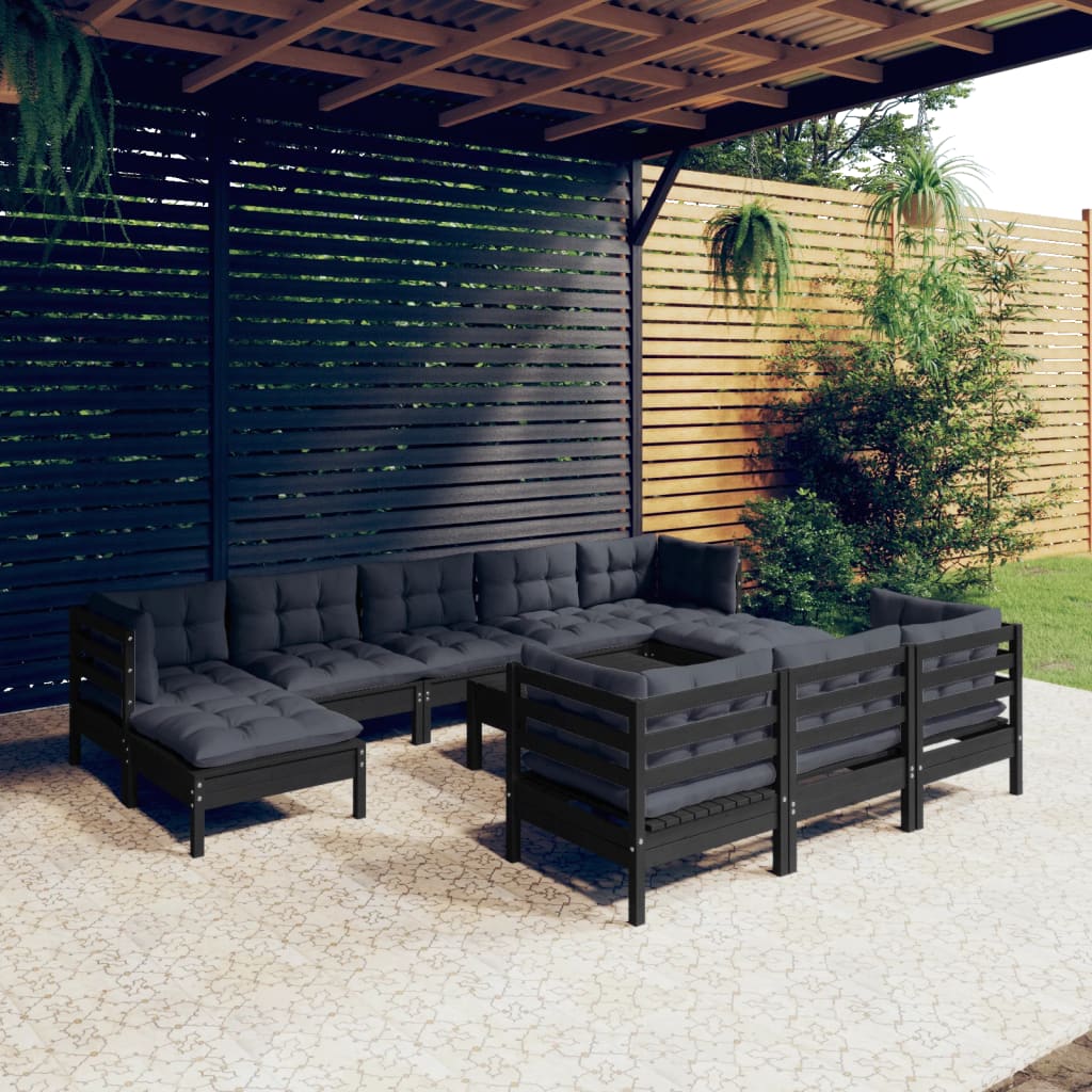 Set mobilier grădină cu perne, 11 piese, negru, lemn masiv pin - Lando