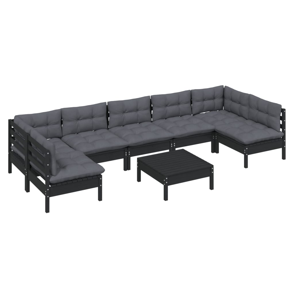 Set mobilier de grădină cu perne 8 piese negru lemn masiv pin - Lando