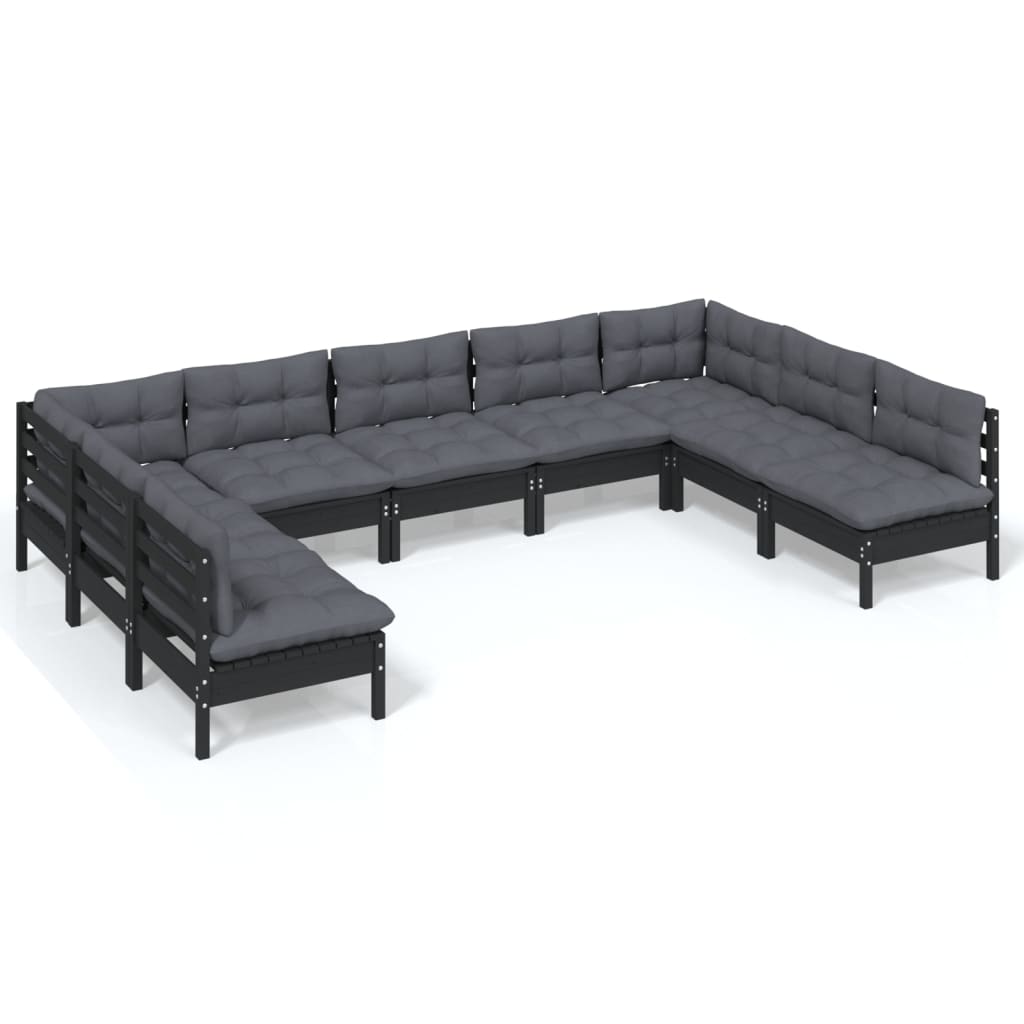 Set mobilier grădină cu perne, 9 piese, negru, lemn masiv pin - Lando