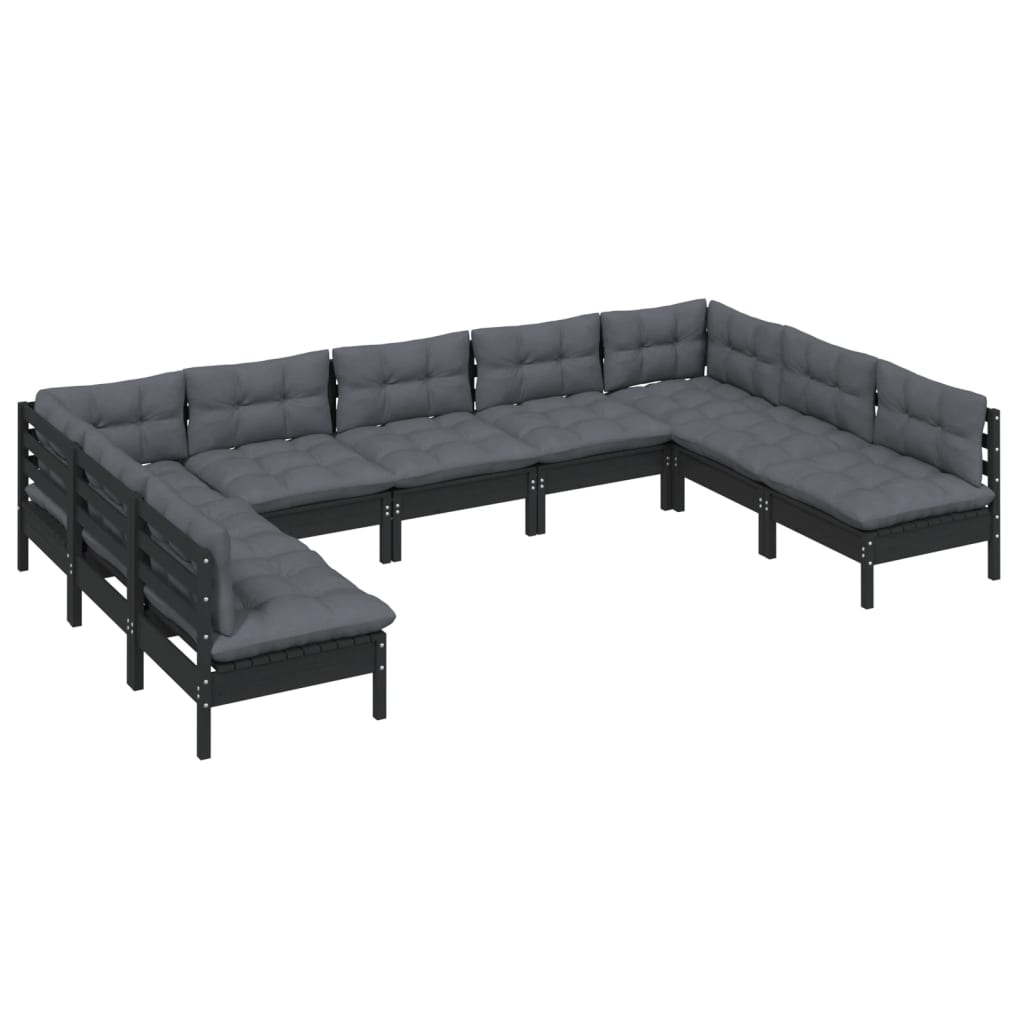 Set mobilier grădină cu perne, 9 piese, negru, lemn masiv pin - Lando