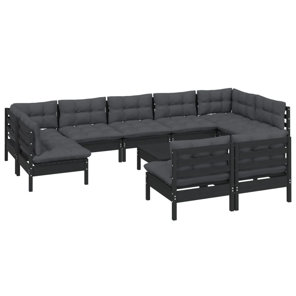 Set mobilier de grădină cu perne 10 piese negru lemn masiv pin - Lando