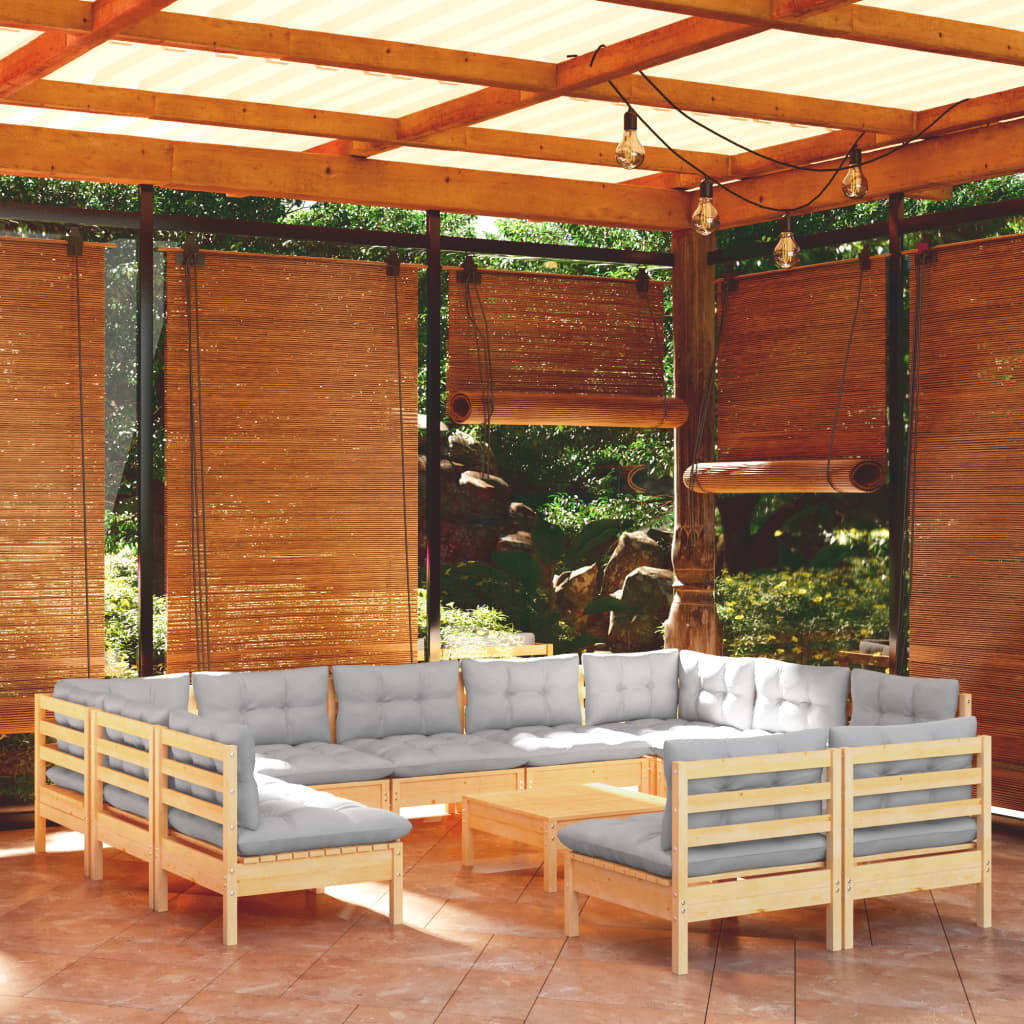 Set mobilier de grădină cu perne, 12 piese, gri, lemn masiv pin - Lando