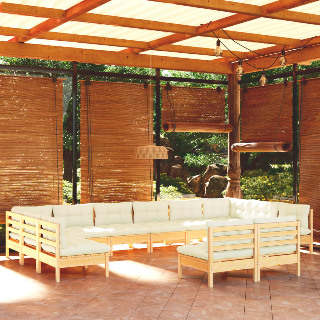Set mobilier grădină cu perne crem, 12 piese, lemn masiv de pin - Lando