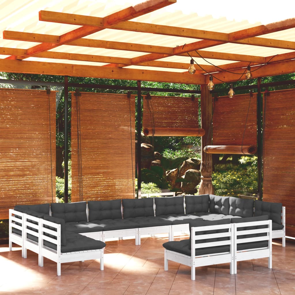 Set mobilier de grădină cu perne, 12 piese, alb, lemn masiv pin - Lando