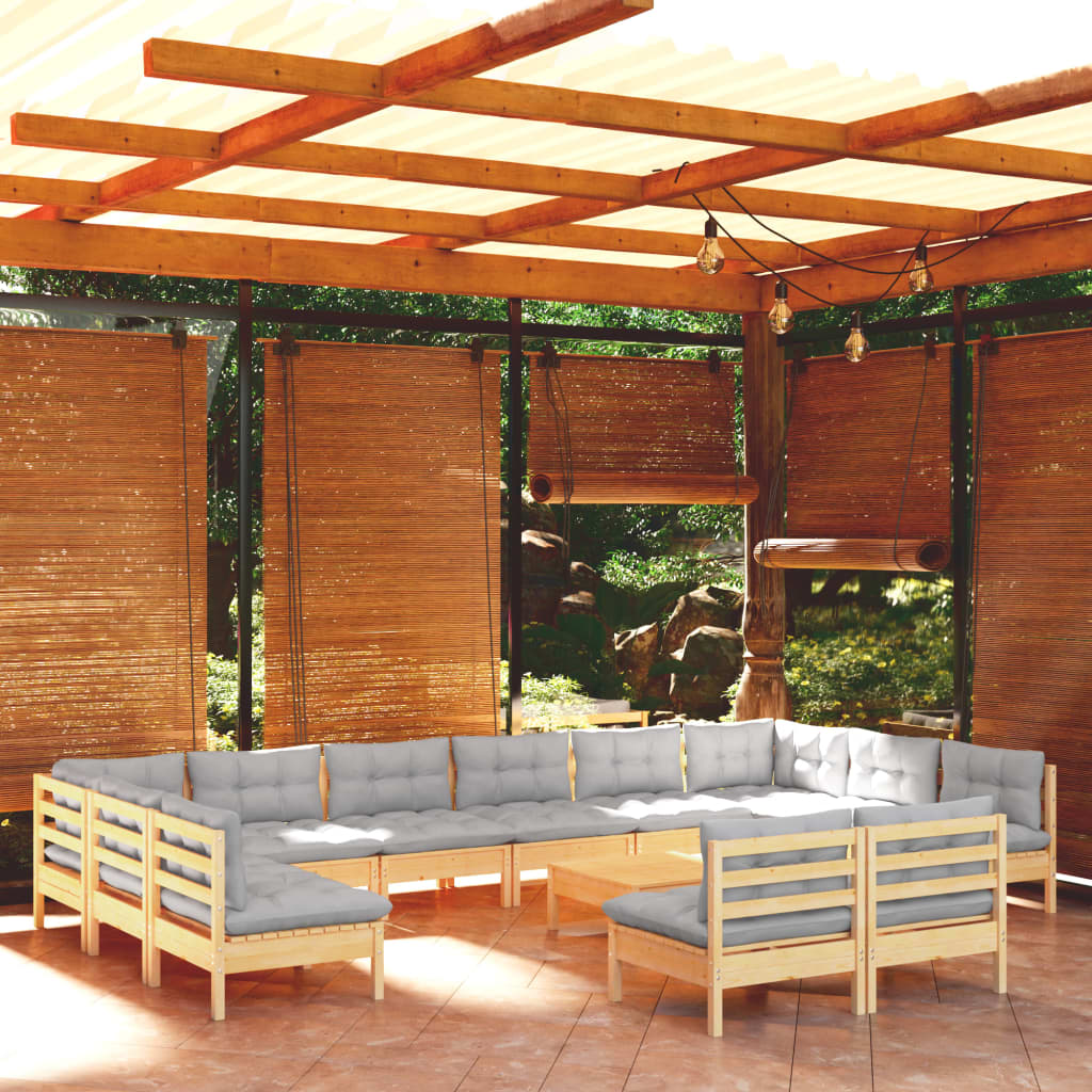 Set mobilier grădină cu perne, 13 piese, gri, lemn masiv pin - Lando