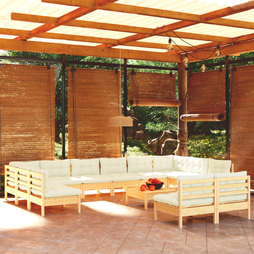 Set mobilier grădină cu perne crem, 13 piese, lemn masiv de pin - Lando