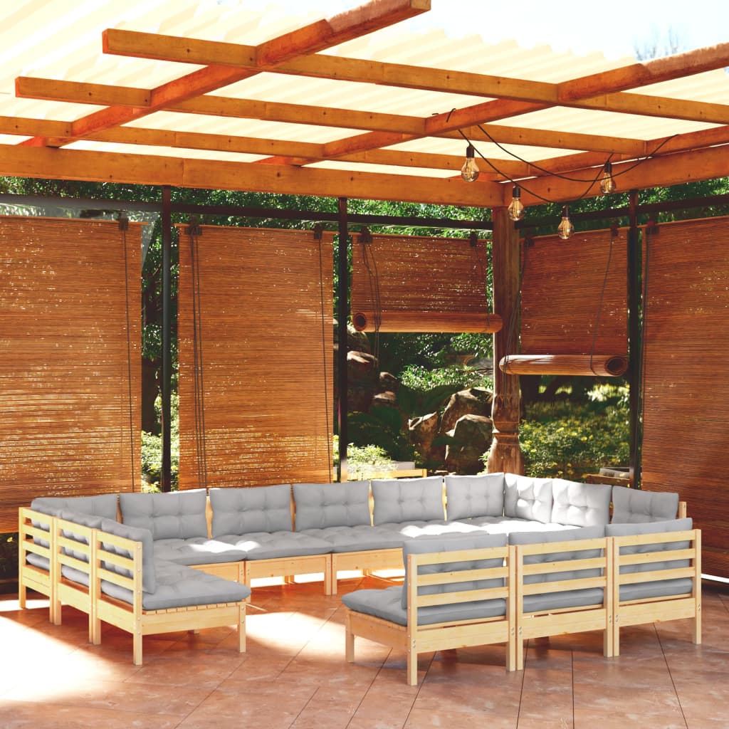 Set mobilier grădină cu perne, 13 piese, gri, lemn masiv pin - Lando