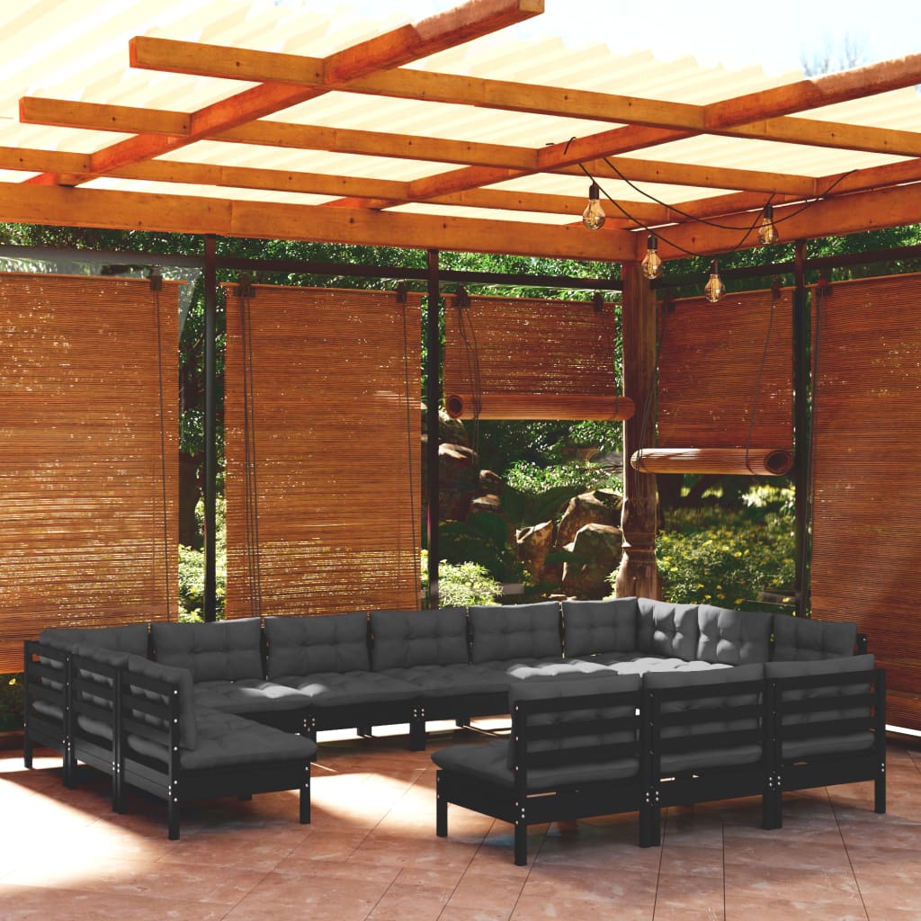 Set mobilier grădină cu perne, 13 piese, negru, lemn masiv pin - Lando