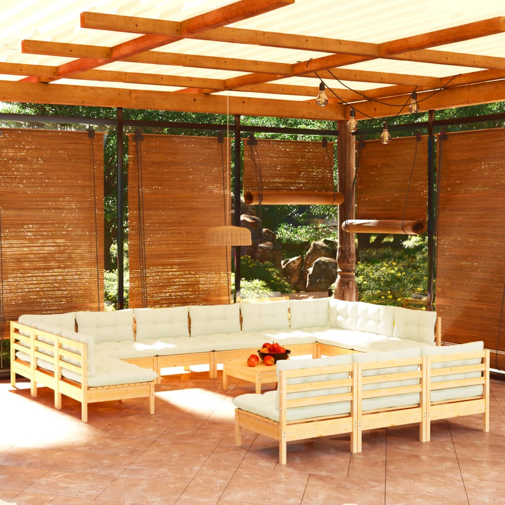 Set de mobilier de grădină & perne 14 piese crem lemn masiv pin - Lando