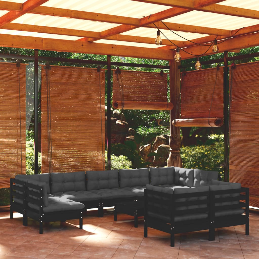 Set mobilier de grădină cu perne 10 piese negru lemn masiv pin - Lando