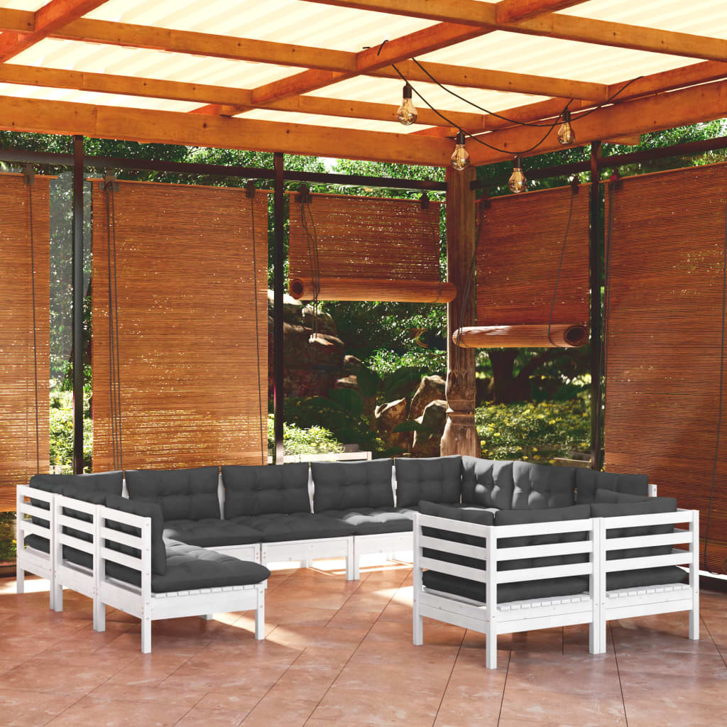 Set mobilier grădină cu perne, 11 piese, alb, lemn masiv de pin - Lando
