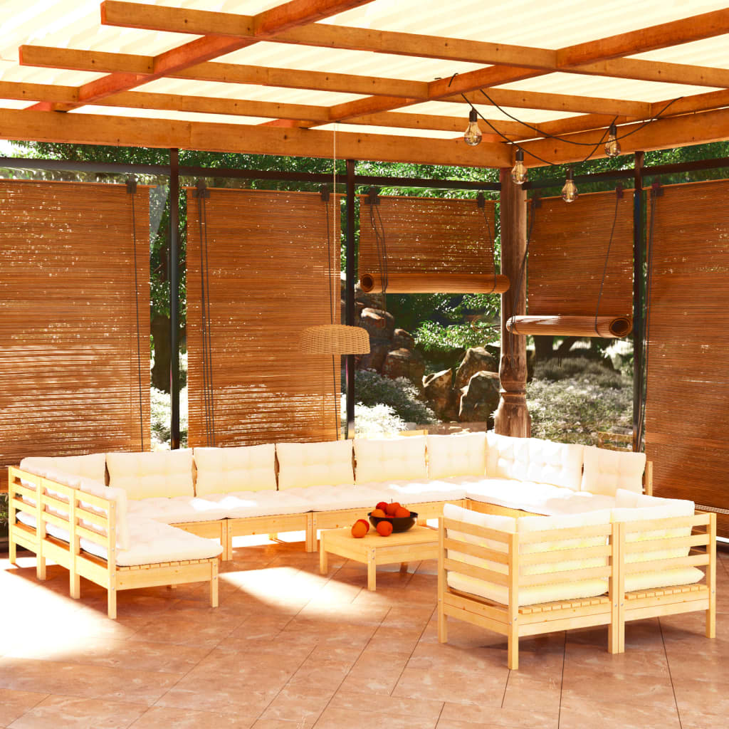 Set mobilier grădină cu perne, 13 piese, crem, lemn de pin - Lando