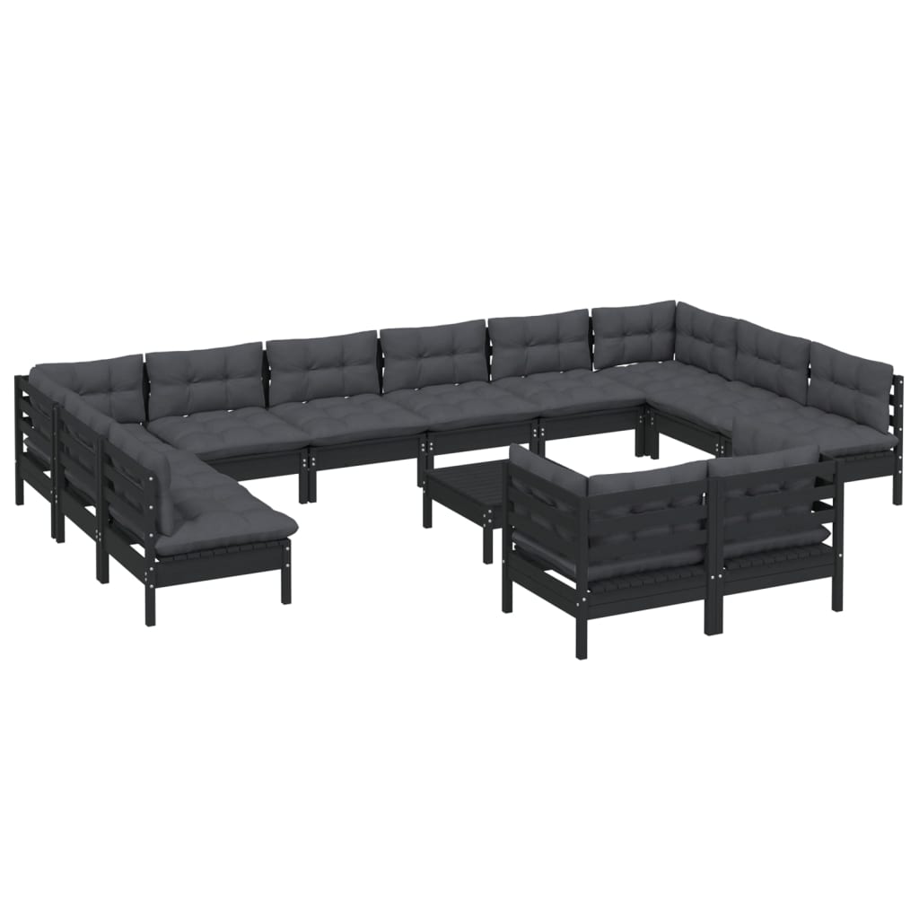 Set mobilier grădină cu perne, 13 piese, negru, lemn de pin - Lando