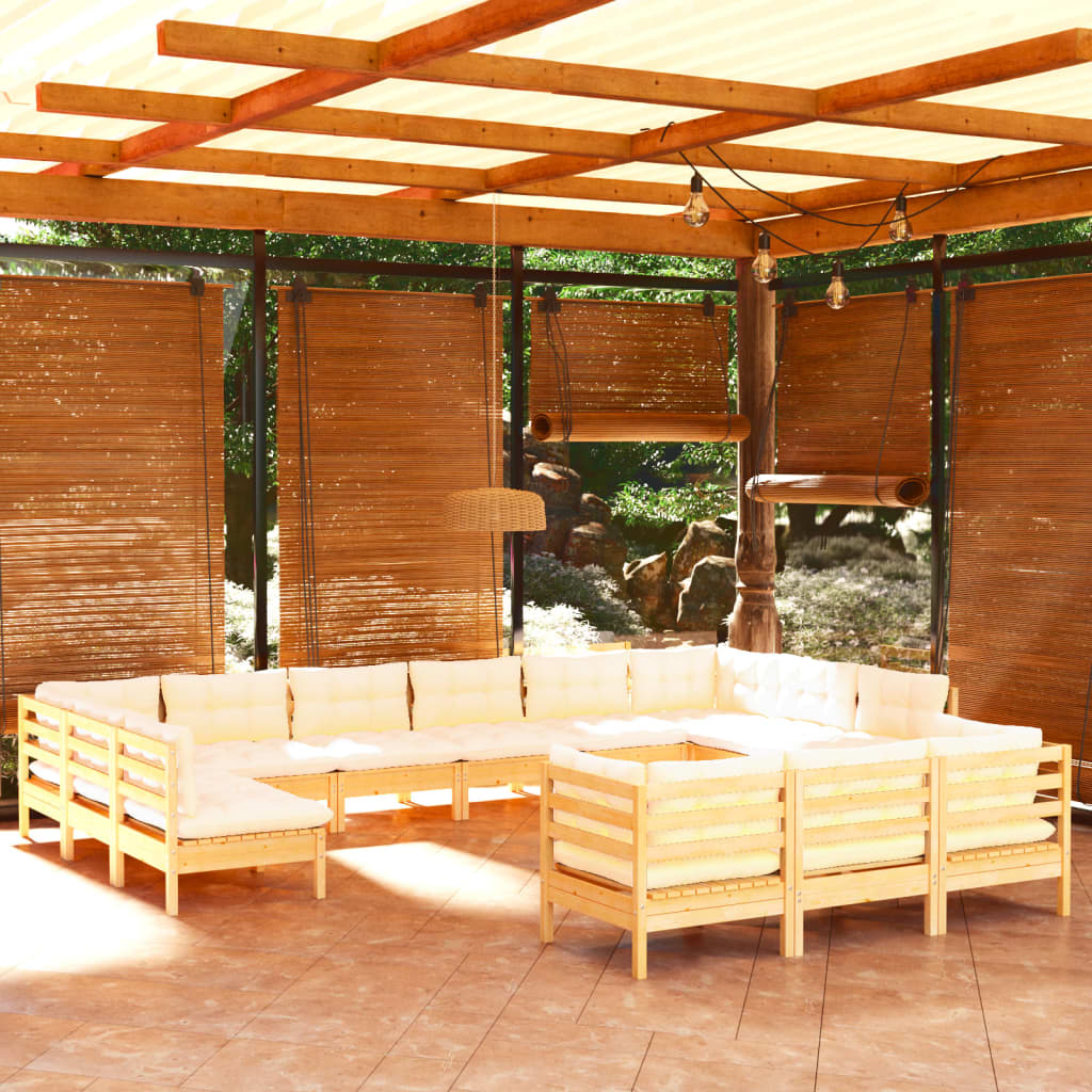 Set mobilier grădină cu perne, 13 piese, crem, lemn de pin - Lando