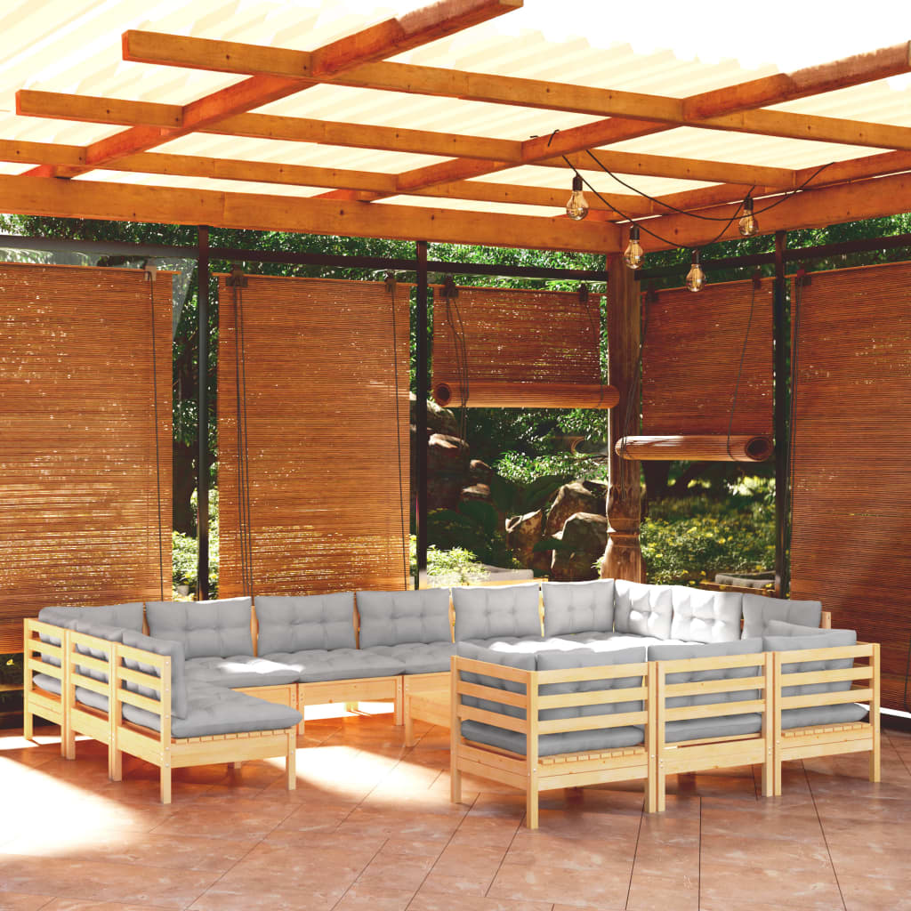 Set mobilier grădină cu perne, 14 piese, gri, lemn masiv pin - Lando