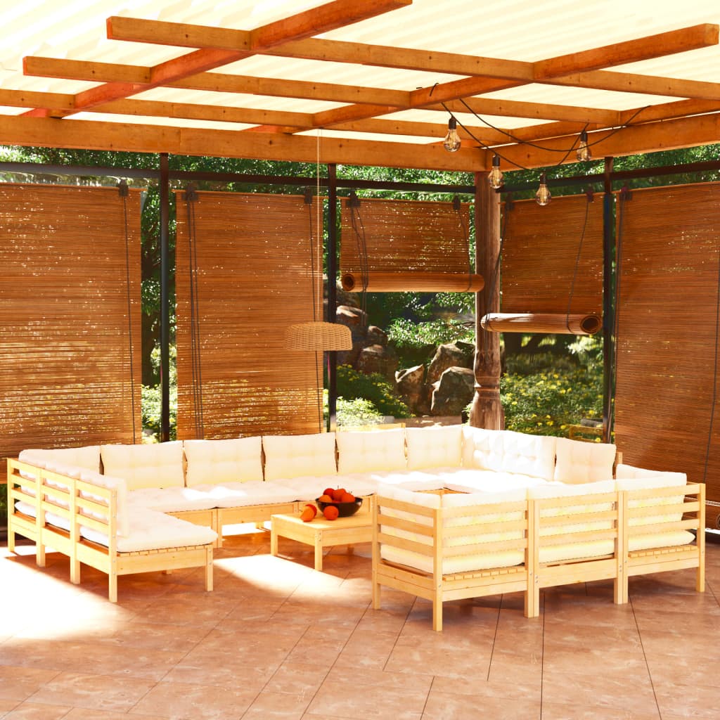 Set mobilier grădină cu perne crem, 14 piese, lemn masiv de pin - Lando
