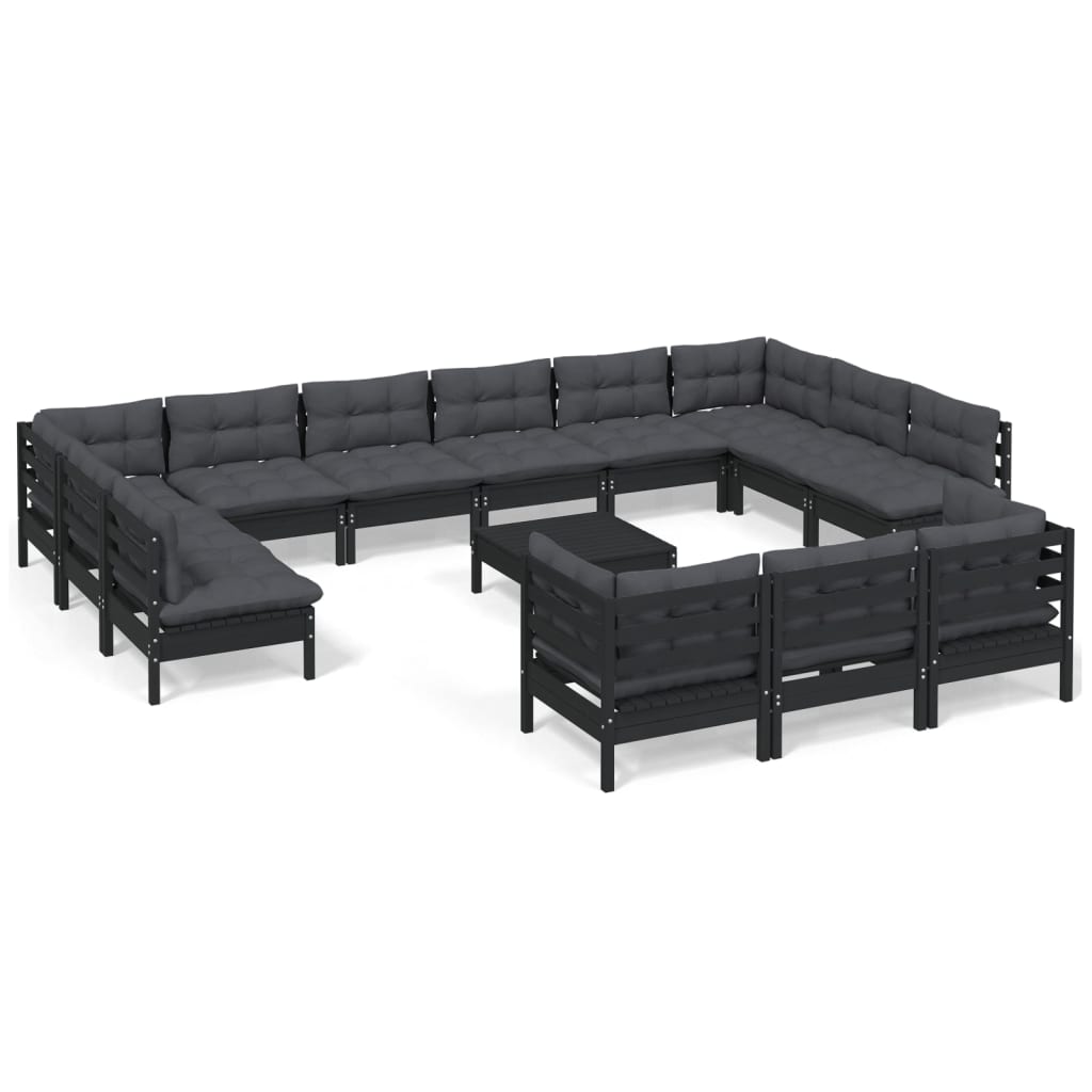 Set mobilier de grădină cu perne, 14 piese, negru, lemn de pin - Lando