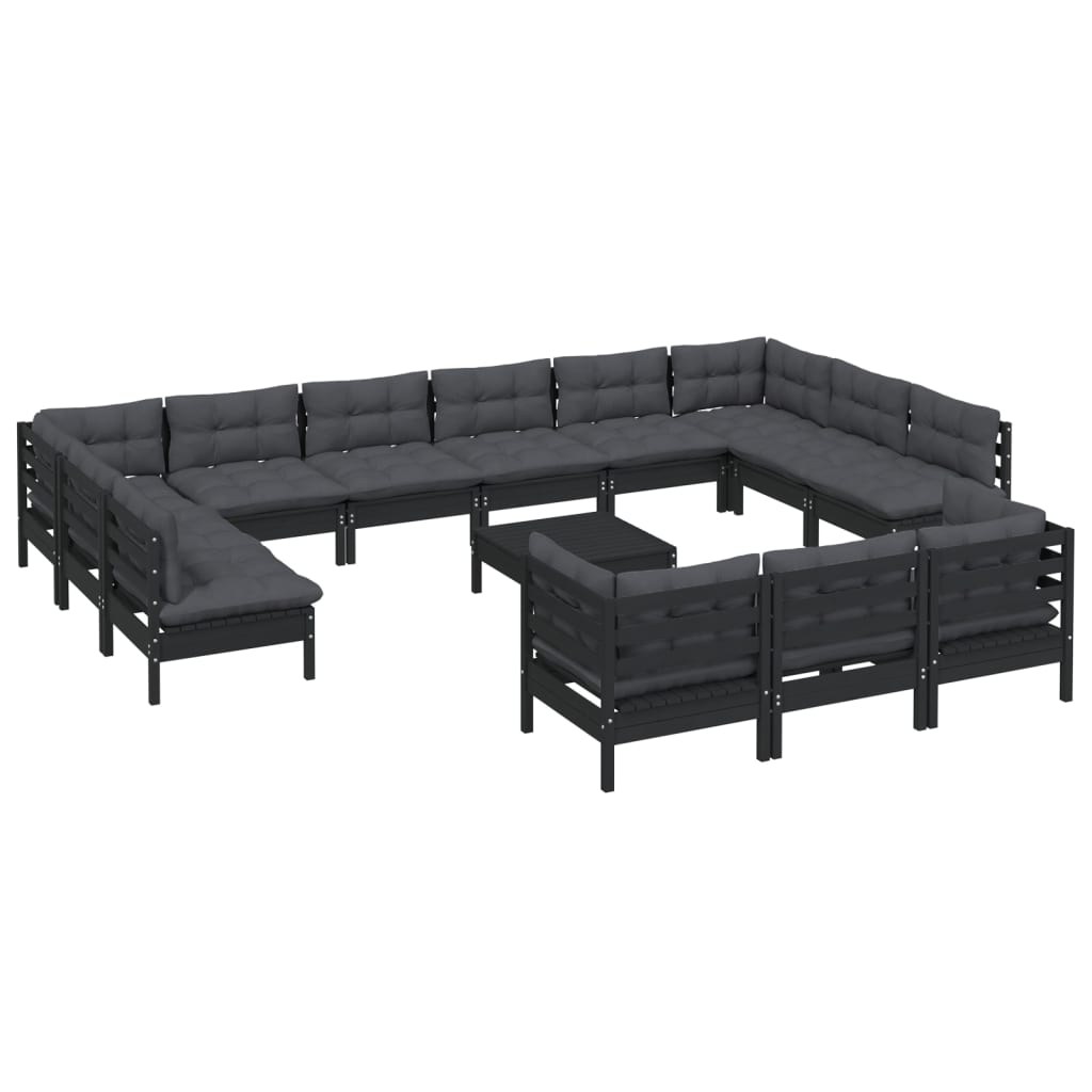 Set mobilier de grădină cu perne, 14 piese, negru, lemn de pin - Lando