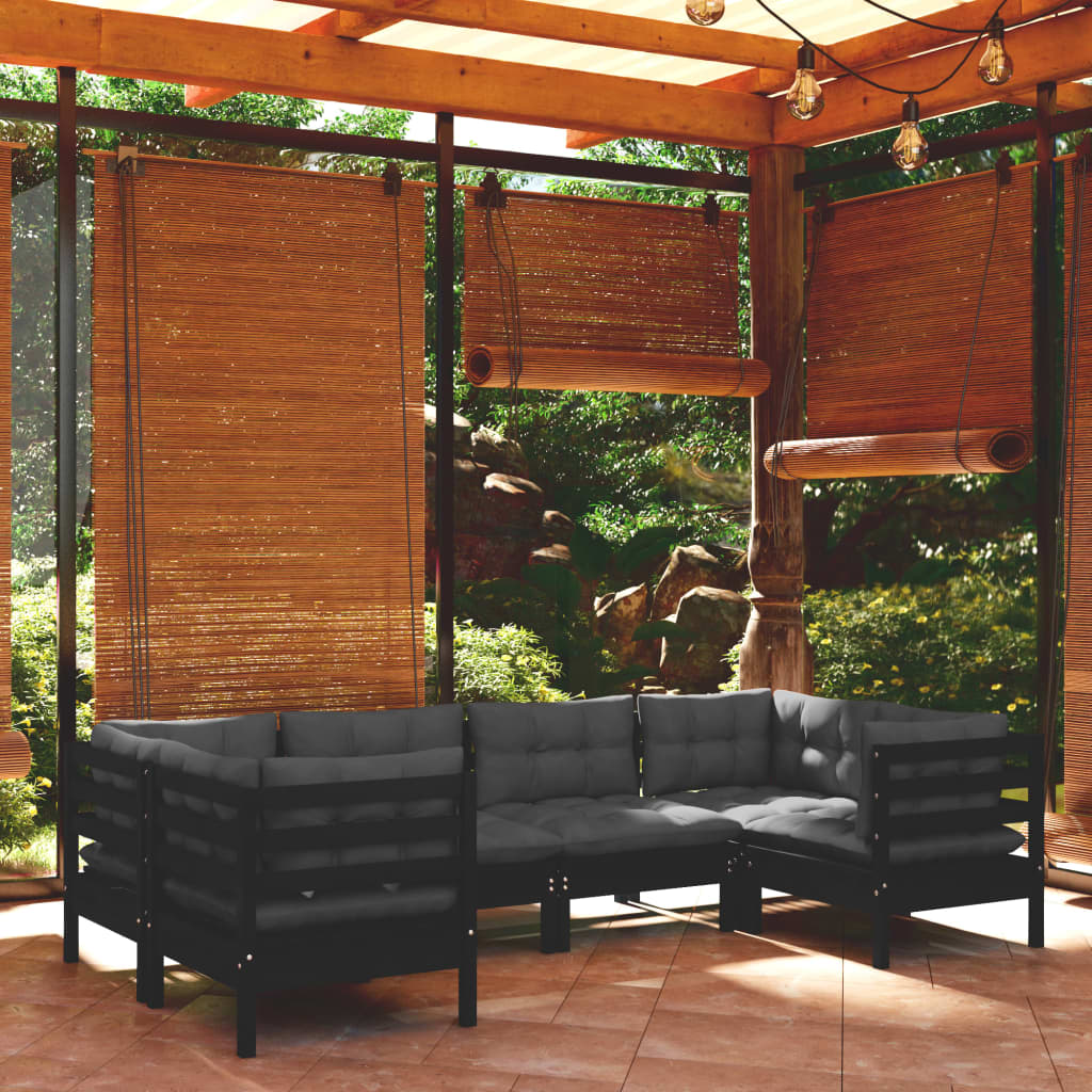 Set mobilier de grădină cu perne, 6 piese, negru, lemn de pin - Lando