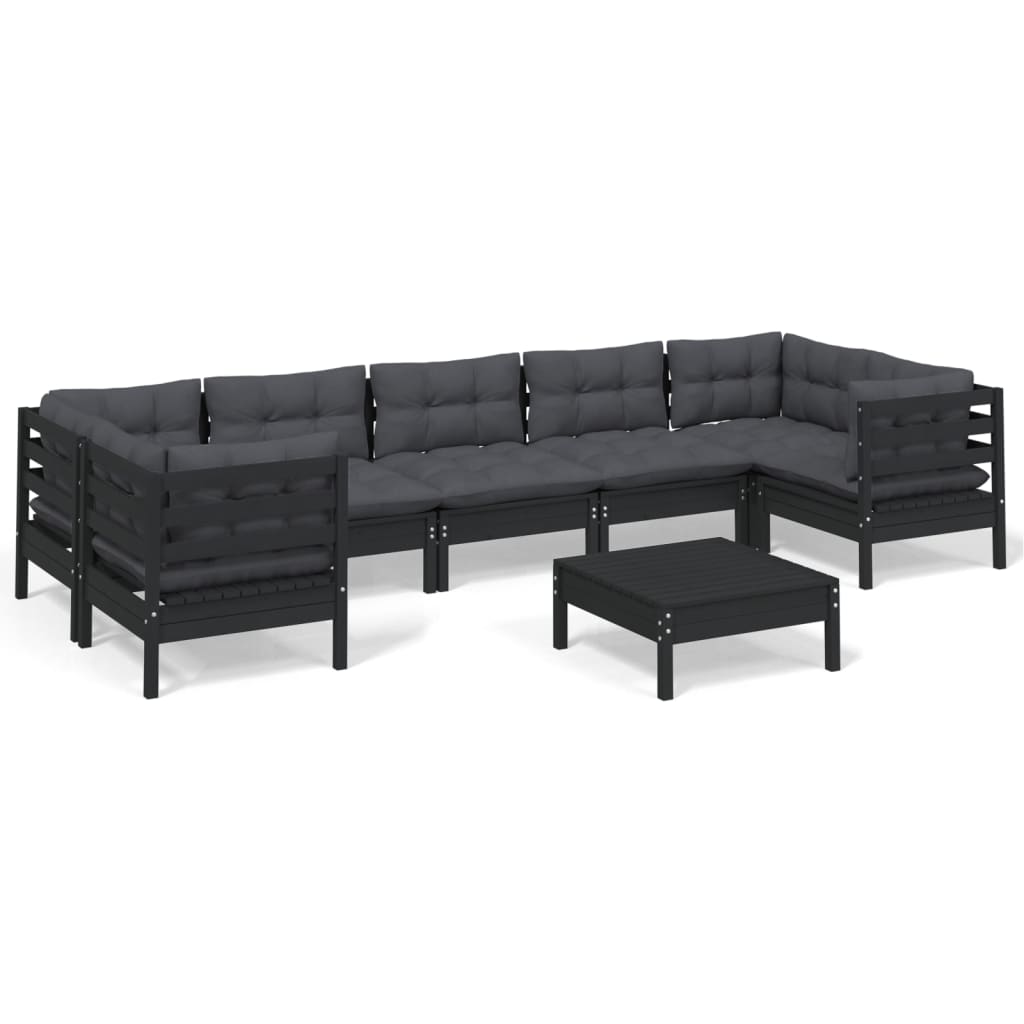 Set mobilier grădină cu perne, 8 piese, negru, lemn de pin - Lando