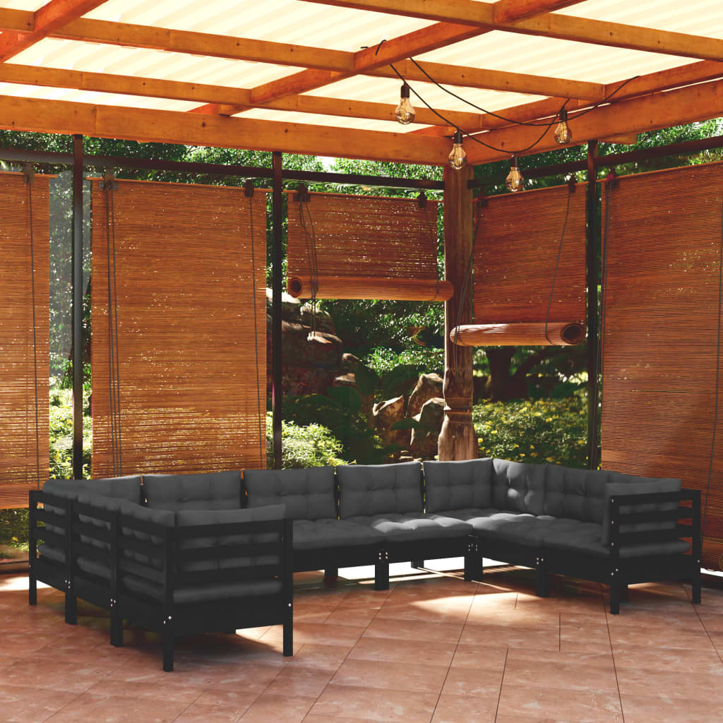 Set mobilier grădină cu perne, 9 piese, negru, lemn de pin - Lando