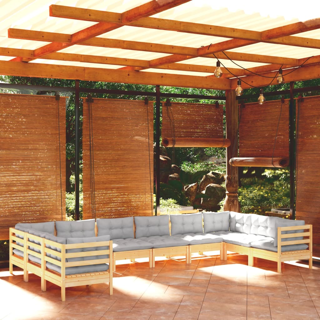 Set mobilier de grădină cu perne gri 10 piese lemn masiv de pin - Lando
