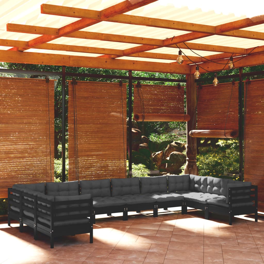 Set mobilier grădină cu perne, 10 piese, negru, lemn de pin - Lando