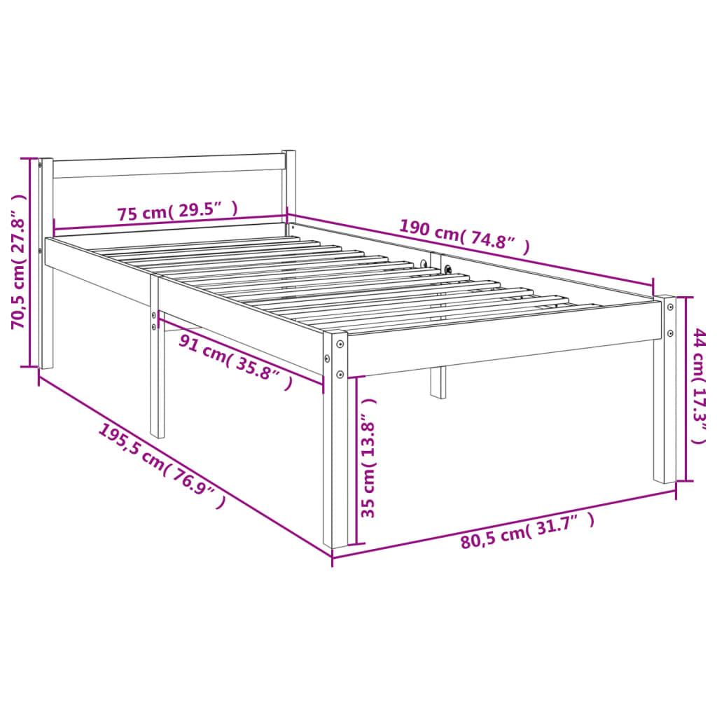 Pat pentru seniori mic single, 75x190 cm, lemn masiv de pin - Lando