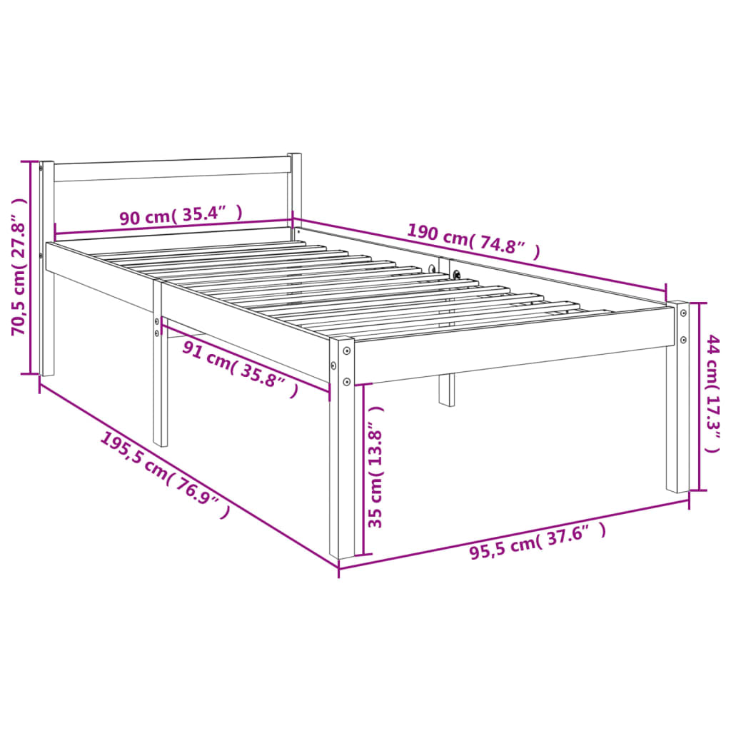 Cadru de pat single, alb, 90x190 cm, lemn masiv de pin - Lando