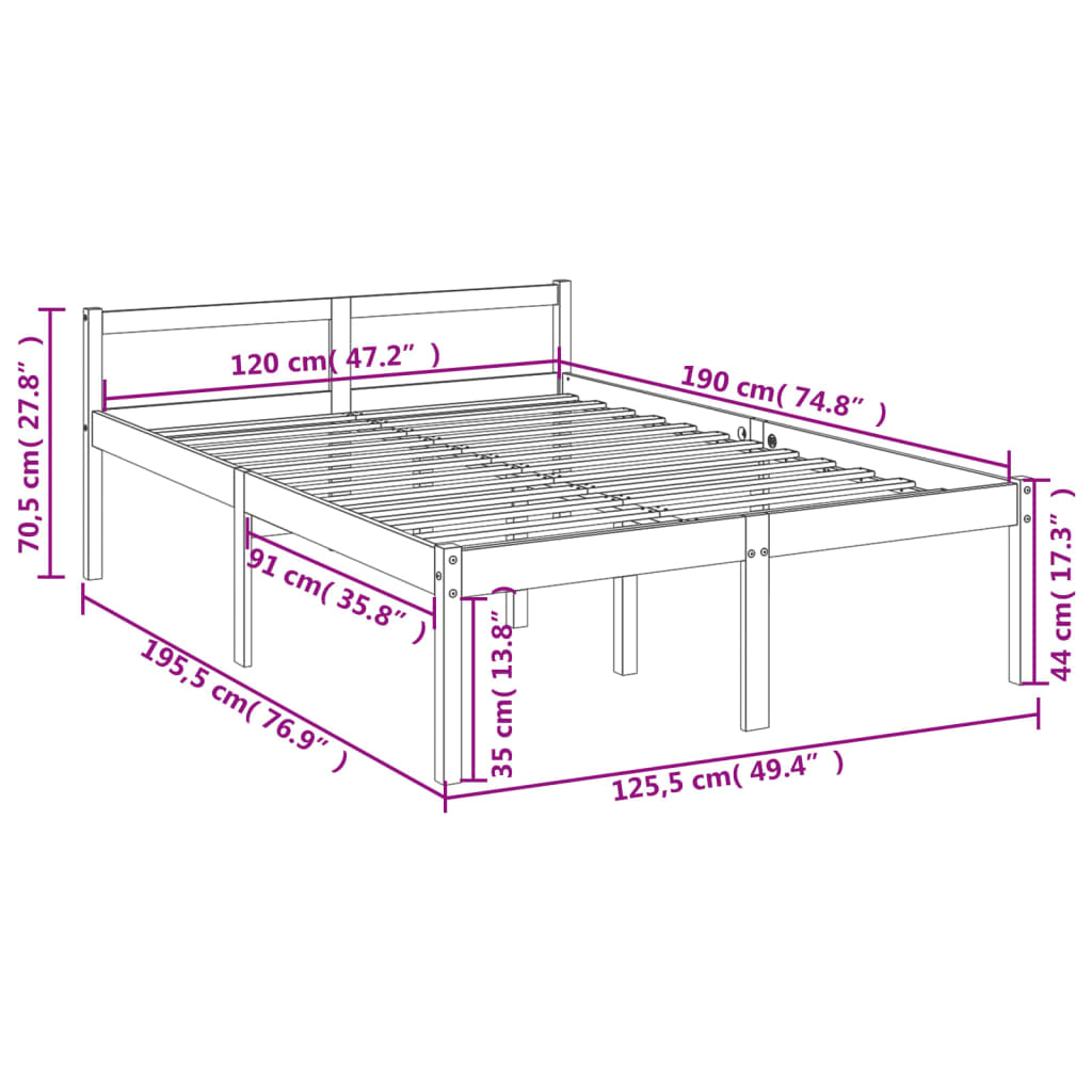 Pat pentru seniori dublu mic, alb, 120x190 cm, lemn masiv pin - Lando