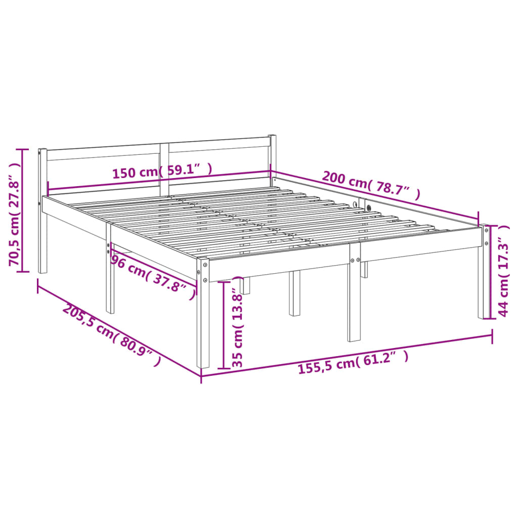 Pat pentru seniori king, alb, 150x200 cm, lemn masiv de pin - Lando