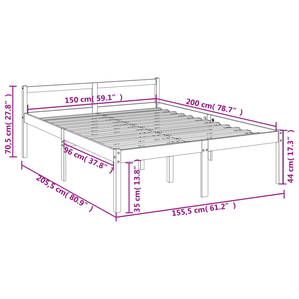 Pat pentru seniori king, gri, 150x200 cm, lemn masiv de pin - Lando