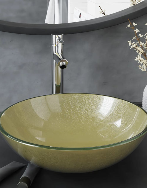Încărcați imaginea în vizualizatorul Galerie, Chiuvetă baie, robinet și scurgere tip push auriu sticlă călită Lando - Lando
