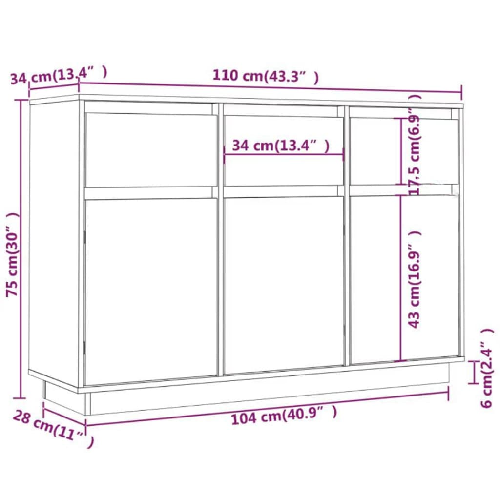 Servantă, alb, 110x34x75 cm, lemn masiv de pin Lando - Lando