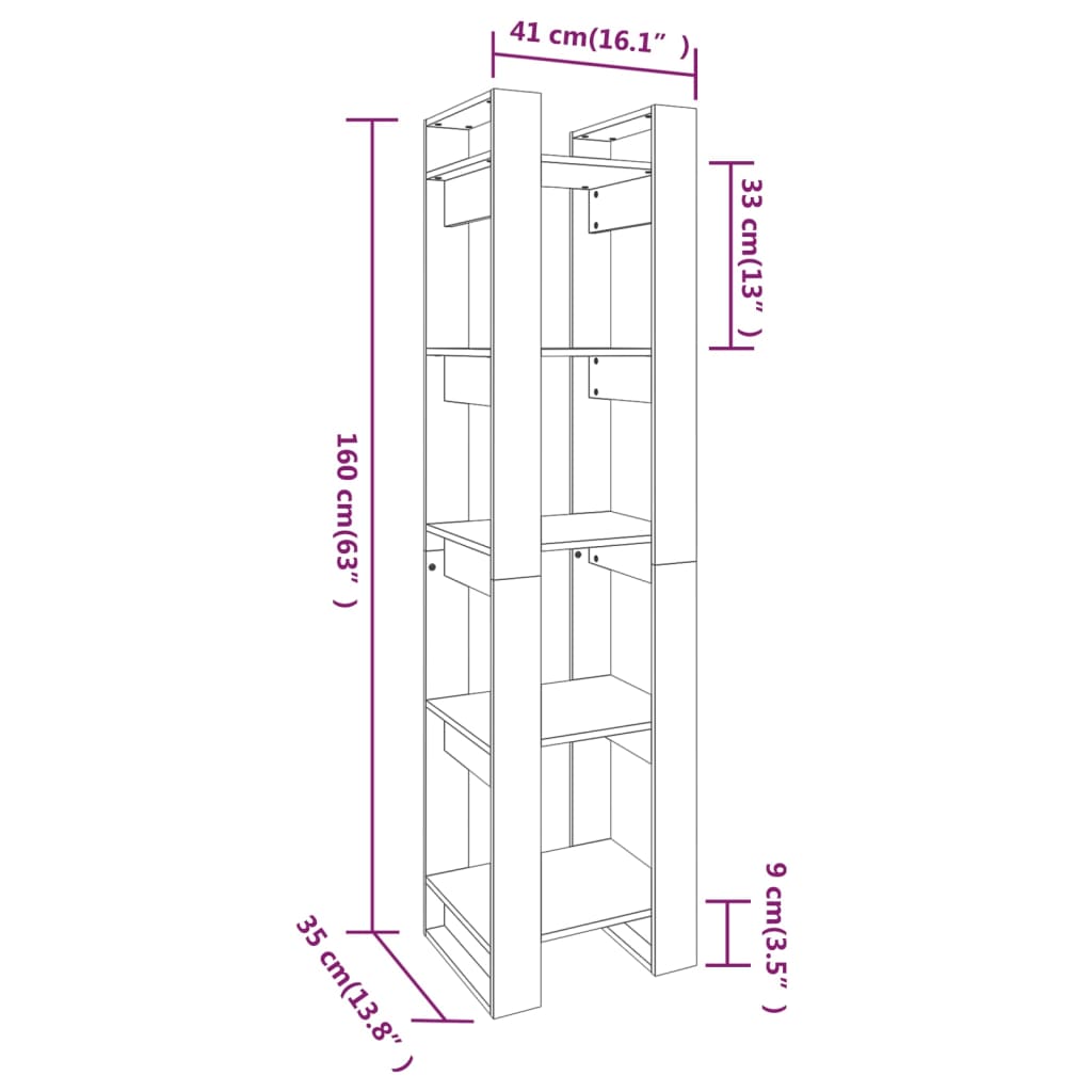 Bibliotecă/Separator cameră, alb, 41x35x160 cm, lemn masiv pin Lando - Lando