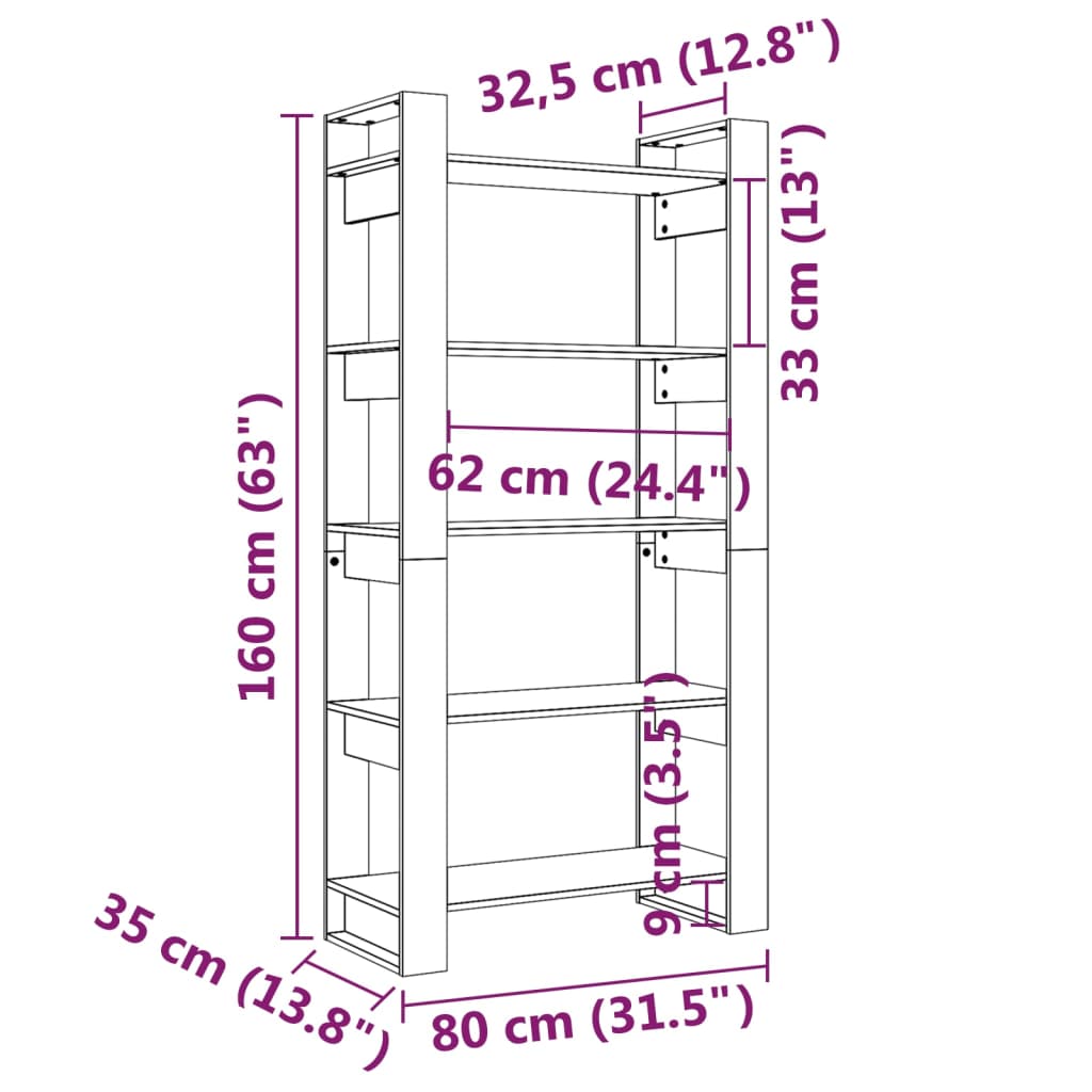 Bibliotecă/Separator cameră, gri, 80x35x160 cm, lemn masiv pin Lando - Lando