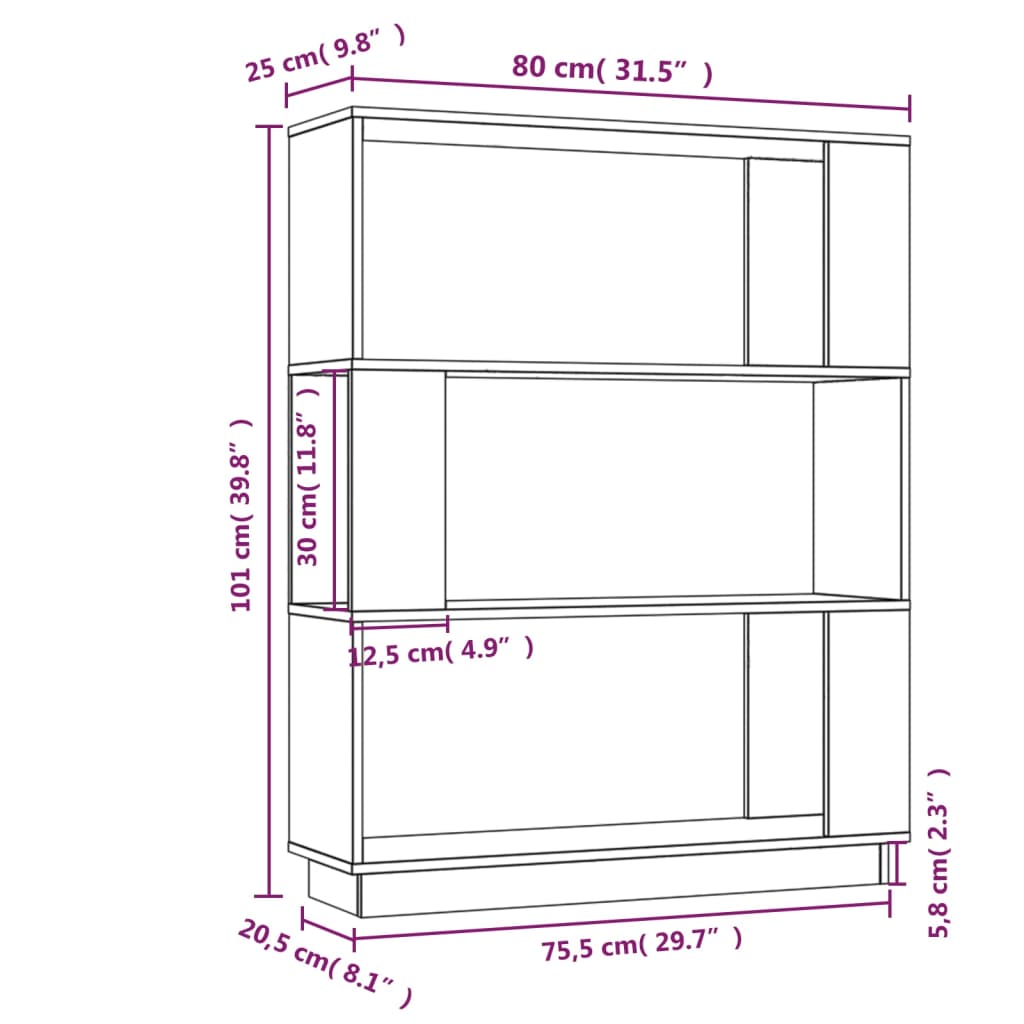 Bibliotecă/Separator cameră, gri, 80x25x101 cm lemn masiv pin Lando - Lando