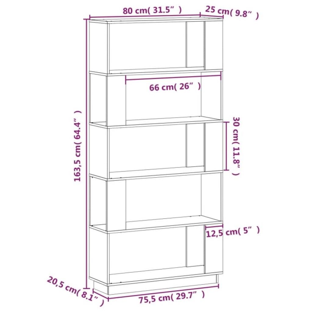 Bibliotecă/Separator cameră, alb, 80x25x132 cm lemn masiv pin Lando - Lando