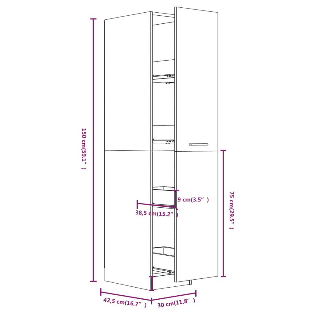 Dulap de farmacie stejar fumuriu 30x42,5x150 cm lemn prelucrat - Lando